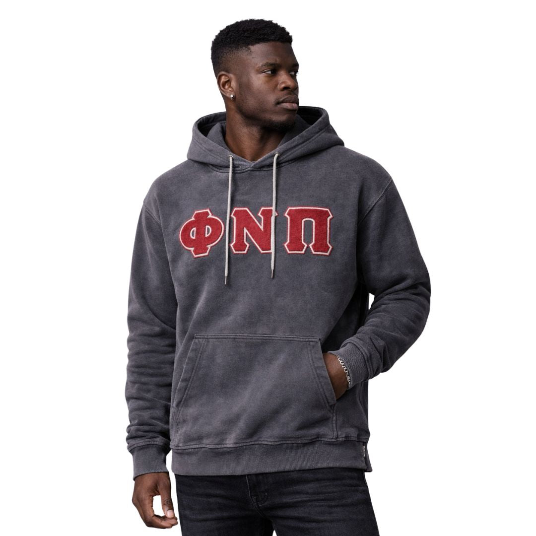 Phi Nu Pi Chenille Black Acid Washed Denim Hoodie