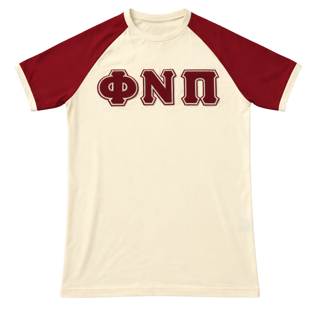 Phi Nu Pi Kream Premium Chenille Letter Raglan T-Shirt