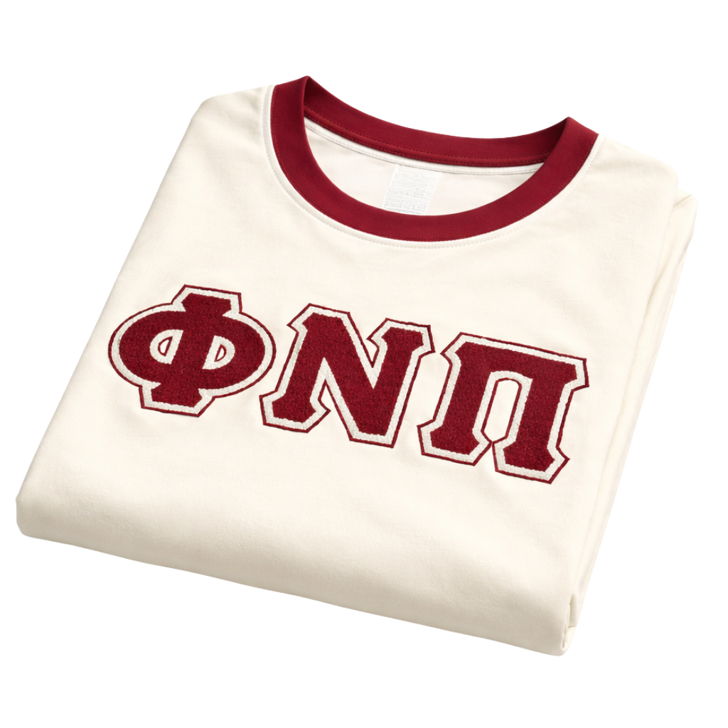 Phi Nu Pi Premium Kream Chenille Letter Ringer T-Shirt