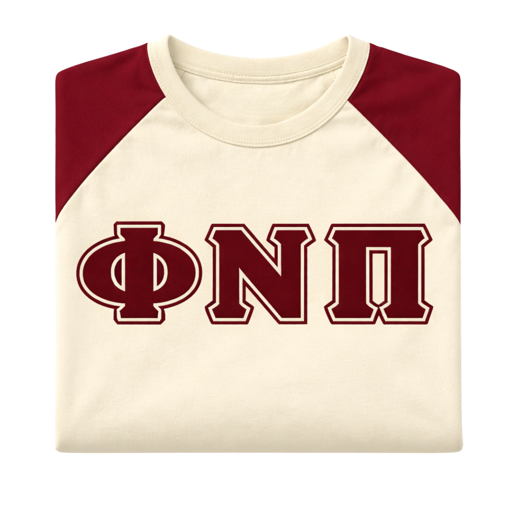 Phi Nu Pi Kream Premium Chenille Letter Raglan T-Shirt