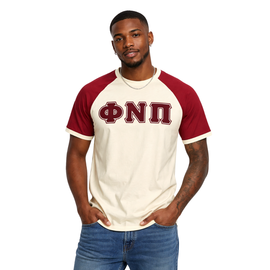 Phi Nu Pi Kream Premium Chenille Letter Raglan T-Shirt