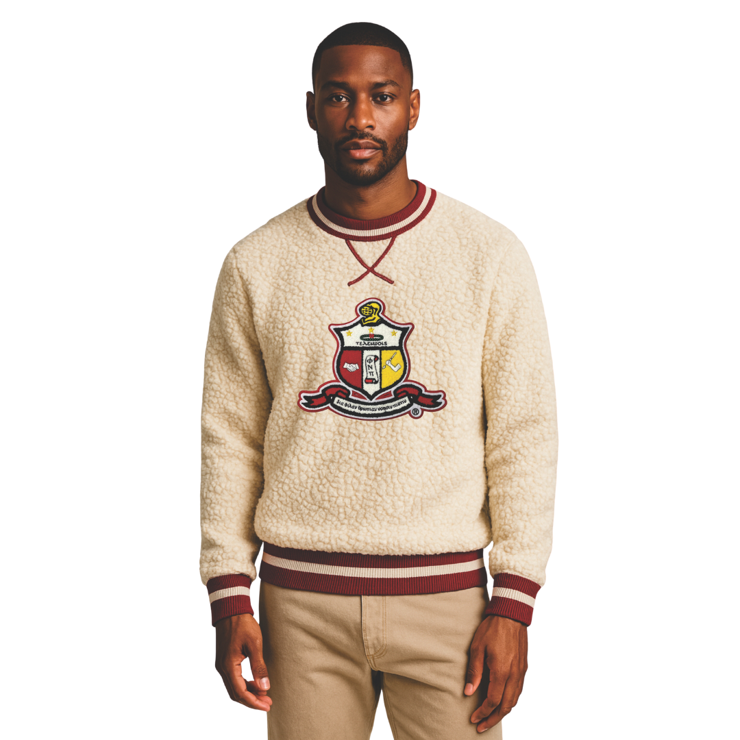 Cream Fuzzy Sherpa Crewneck Sweatshirt with Kappa Alpha Psi Crest Chenille and Crimson Knit Trim