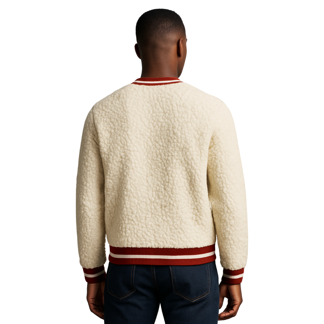 Cream Fuzzy Sherpa Crewneck Sweatshirt with Kappa Alpha Psi Crest Chenille and Crimson Knit Trim