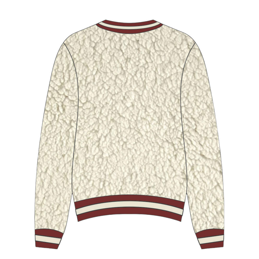 Cream Fuzzy Sherpa Crewneck Sweatshirt with Kappa Alpha Psi Crest Chenille and Crimson Knit Trim