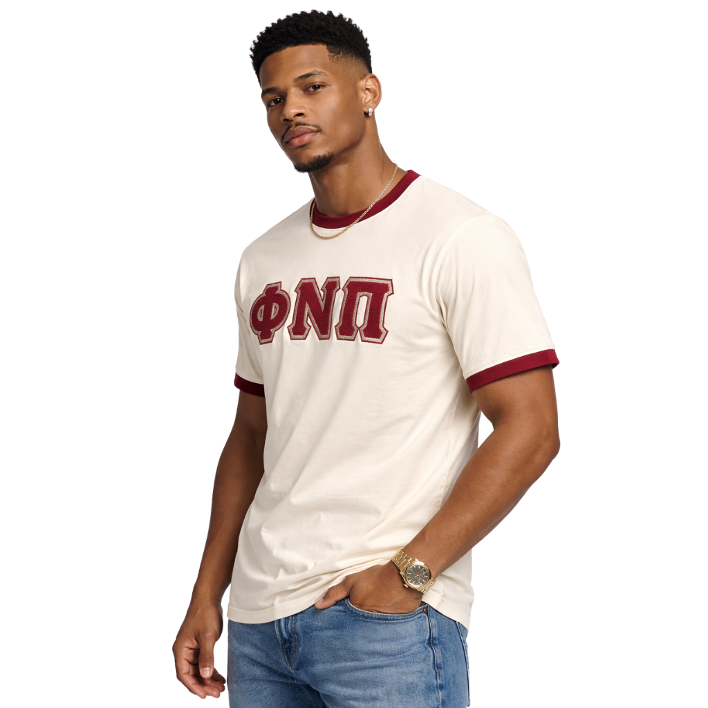 Phi Nu Pi Premium Kream Chenille Letter Ringer T-Shirt