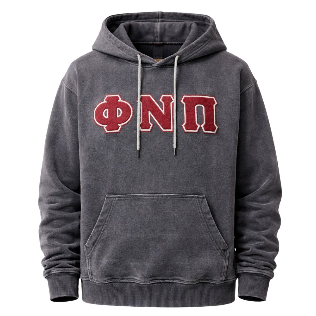 Phi Nu Pi Chenille Black Acid Washed Denim Hoodie